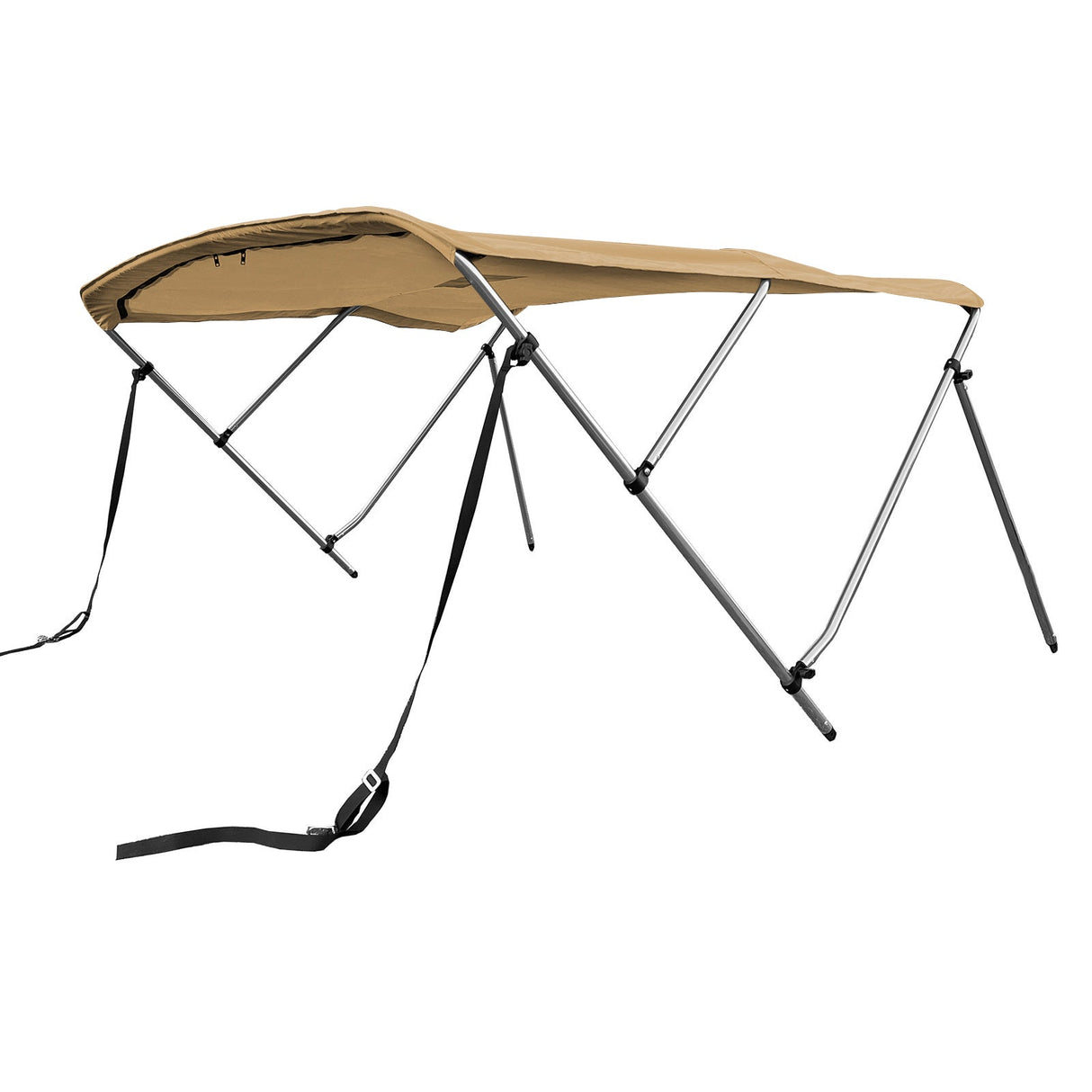 Beige 3-bow boat Bimini top with round aluminum frame, marine-grade polyester canvas, boot, rear poles & front straps.