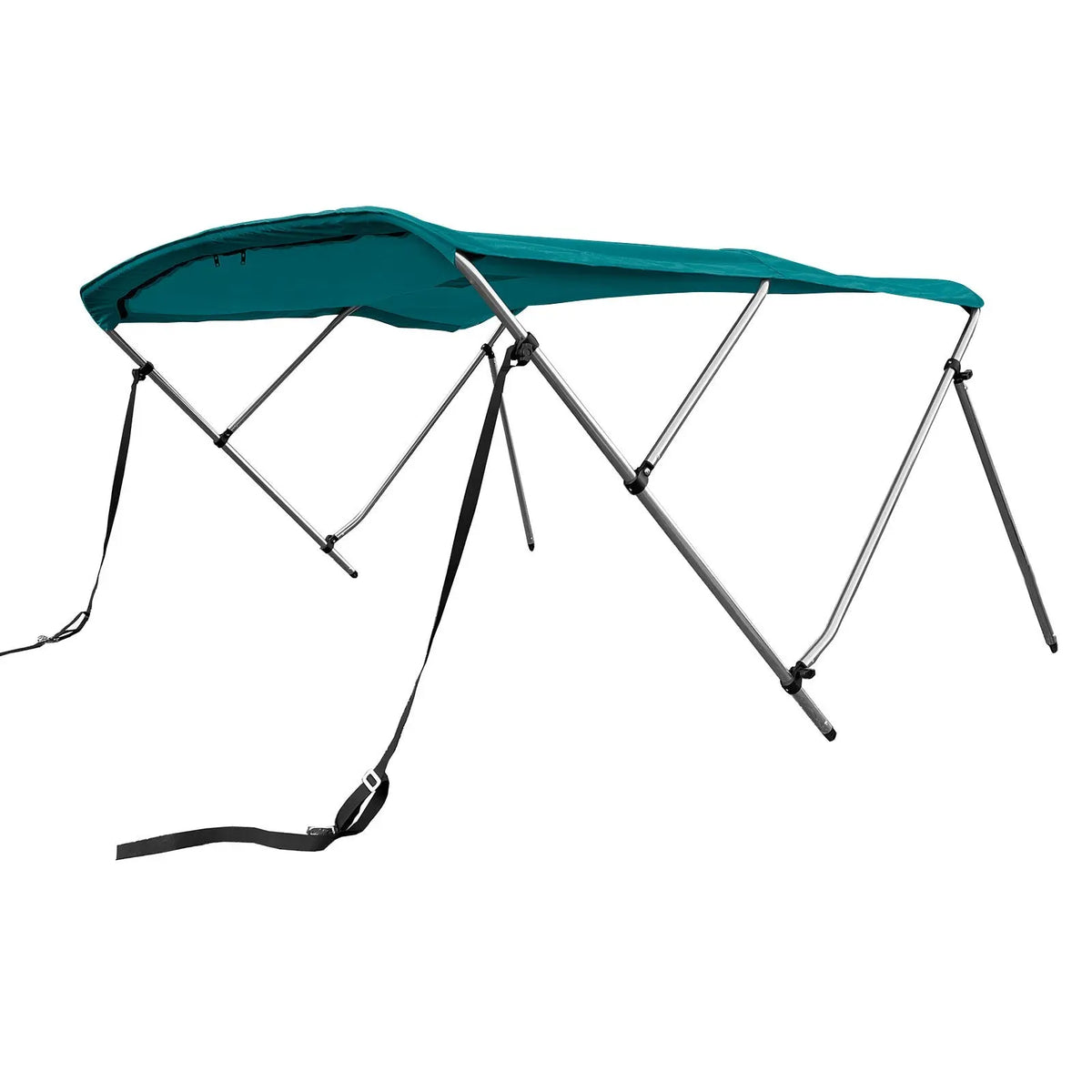 Teal 3-bow boat Bimini top with round aluminum frame, marine-grade polyester canvas, boot, rear poles & front straps.