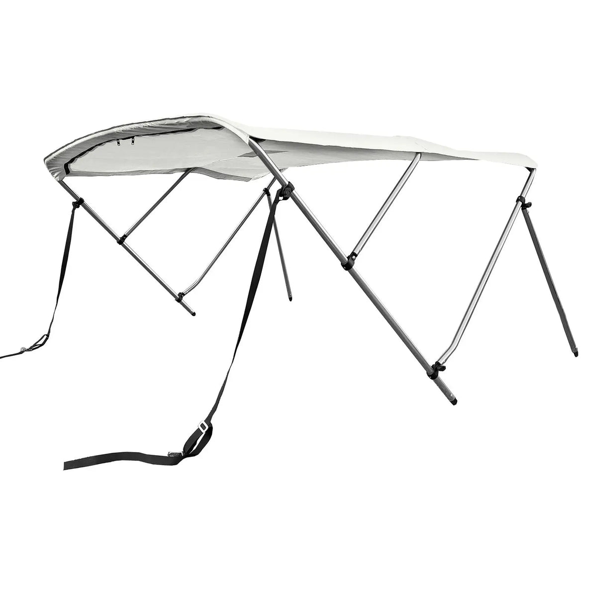 White 3-bow boat Bimini top with round aluminum frame, marine-grade polyester canvas, boot, rear poles & front straps.