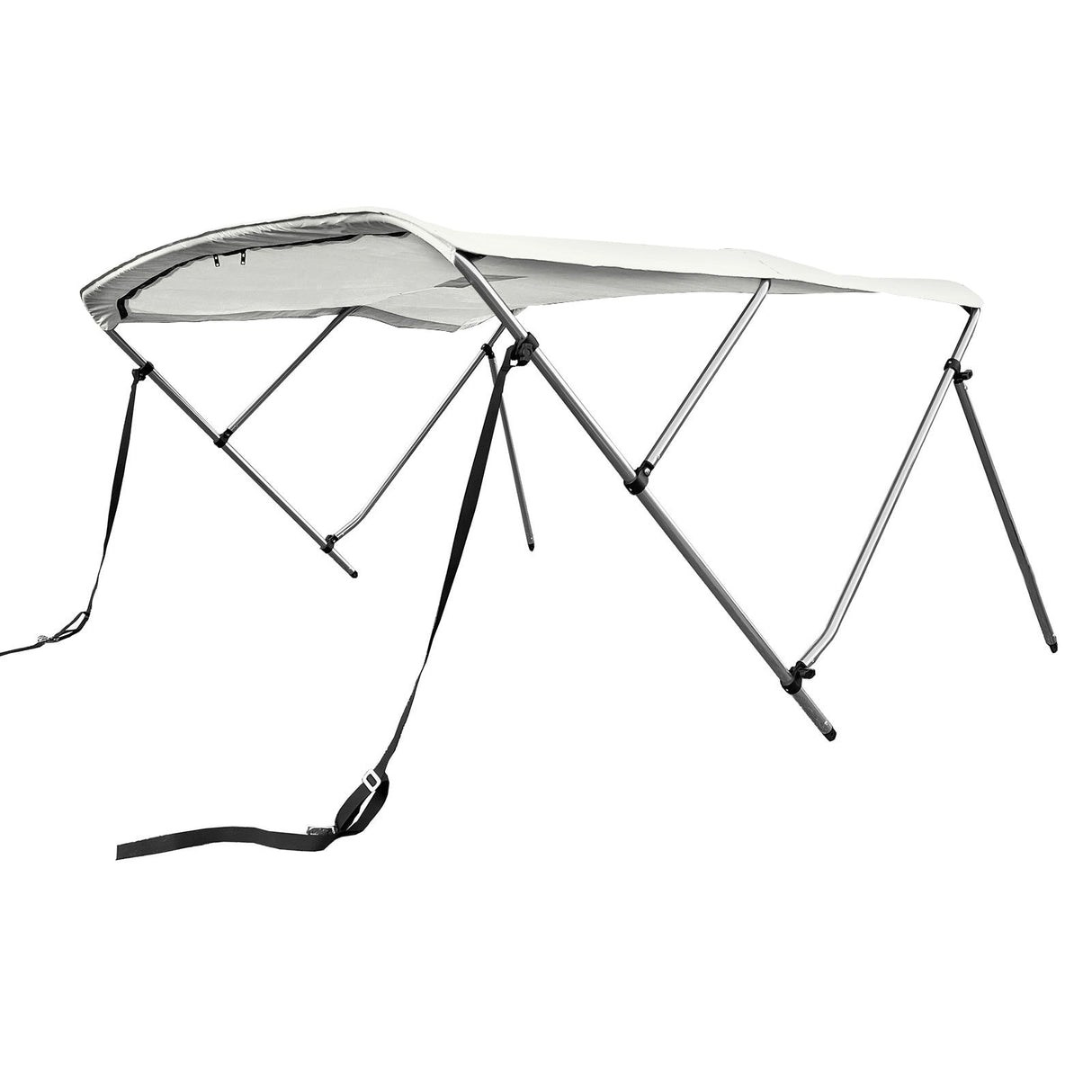 White 3-bow boat Bimini top with round aluminum frame, marine-grade polyester canvas, boot, rear poles & front straps.