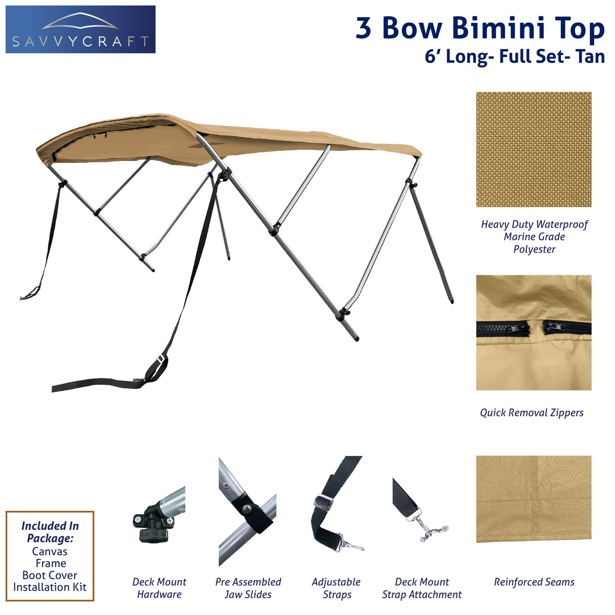 Beige 6ft long 3-Bow Bimini Top set with round frame, marine-grade polyester canvas, boot, and mounting hardware included.