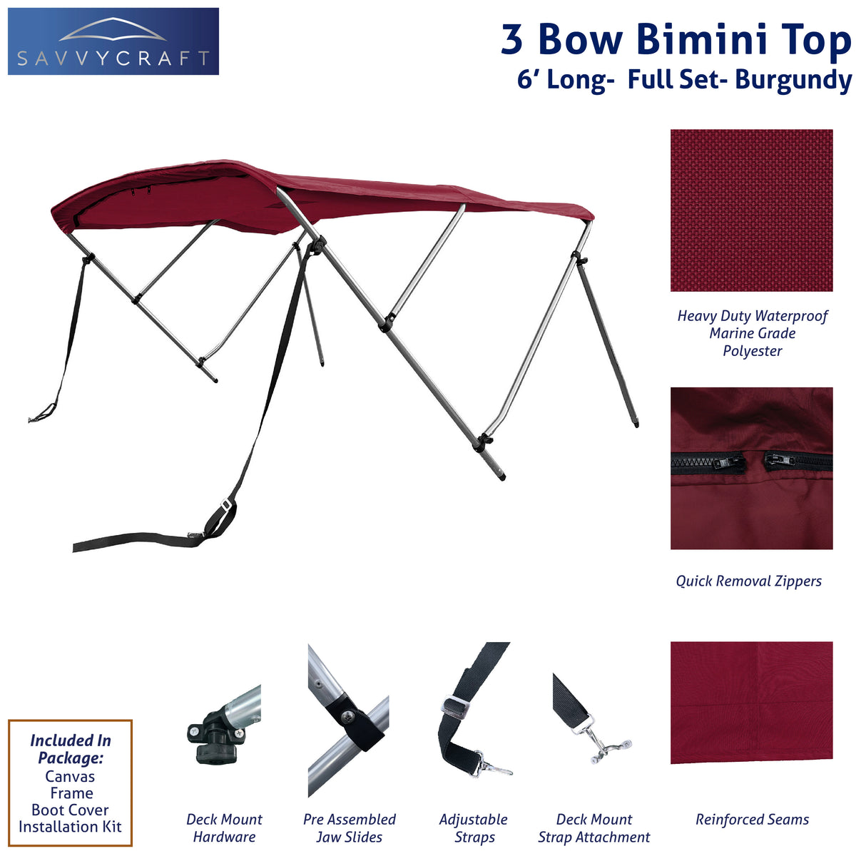 Burgundy 6ft long 3-Bow Bimini Top set with frame, marine-grade polyester canvas, boot, and mounting hardware included.