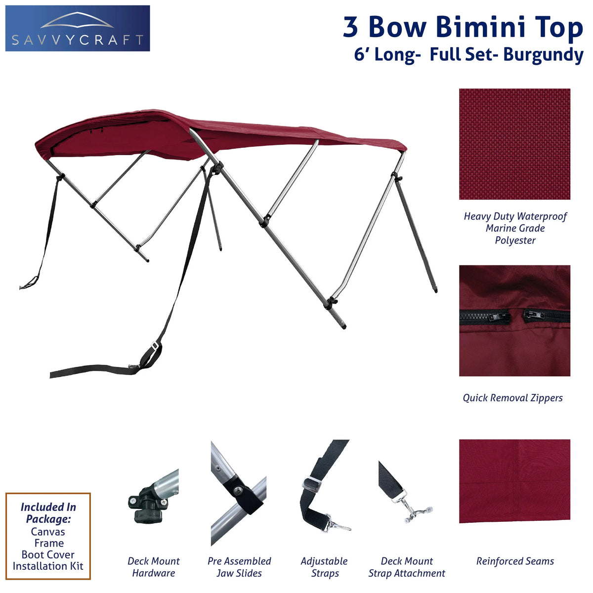 Burgundy 6ft long 3-Bow Bimini Top set with frame, marine-grade polyester canvas, boot, and mounting hardware included.