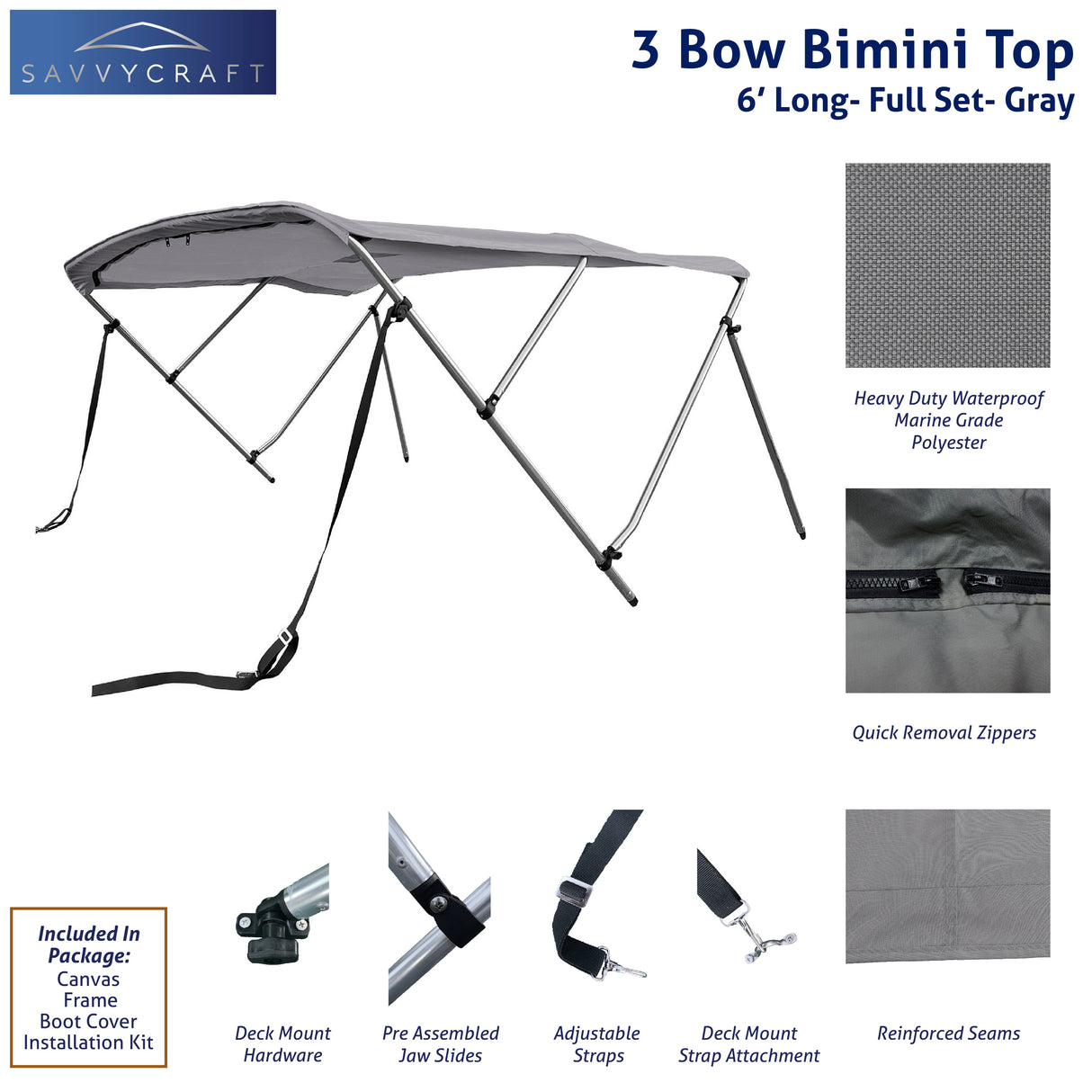 Gray 6ft long 3-Bow Bimini Top set with round frame, marine-grade polyester canvas, boot, and mounting hardware included.