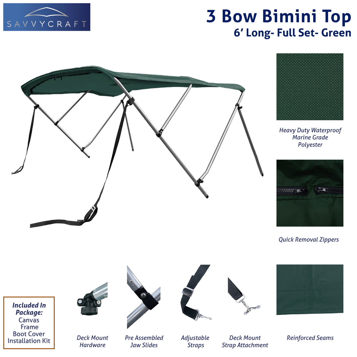Green 6ft long 3-Bow Bimini Top set with round frame, marine-grade polyester canvas, boot, and mounting hardware included.