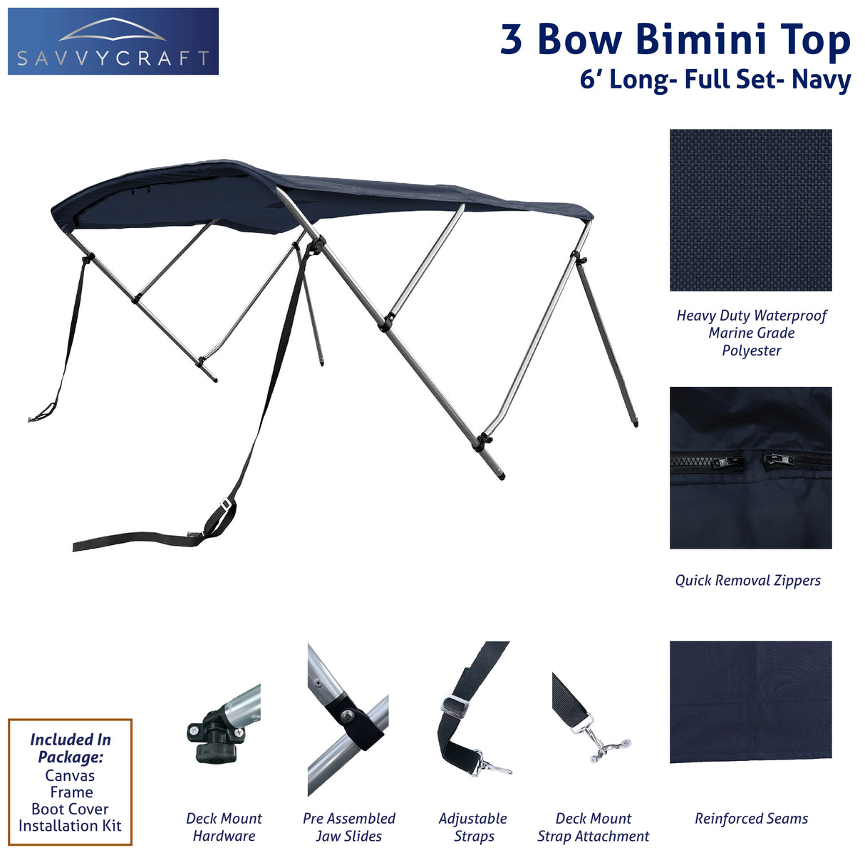 Navy 6ft long 3-Bow Bimini Top set with round frame, marine-grade polyester canvas, boot, and mounting hardware included.