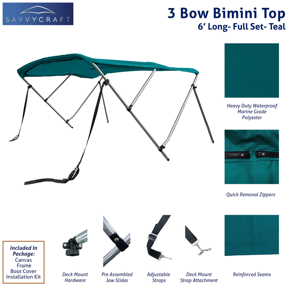 Teal 6ft long 3-Bow Bimini Top set with round frame, marine-grade polyester canvas, boot, and mounting hardware included.