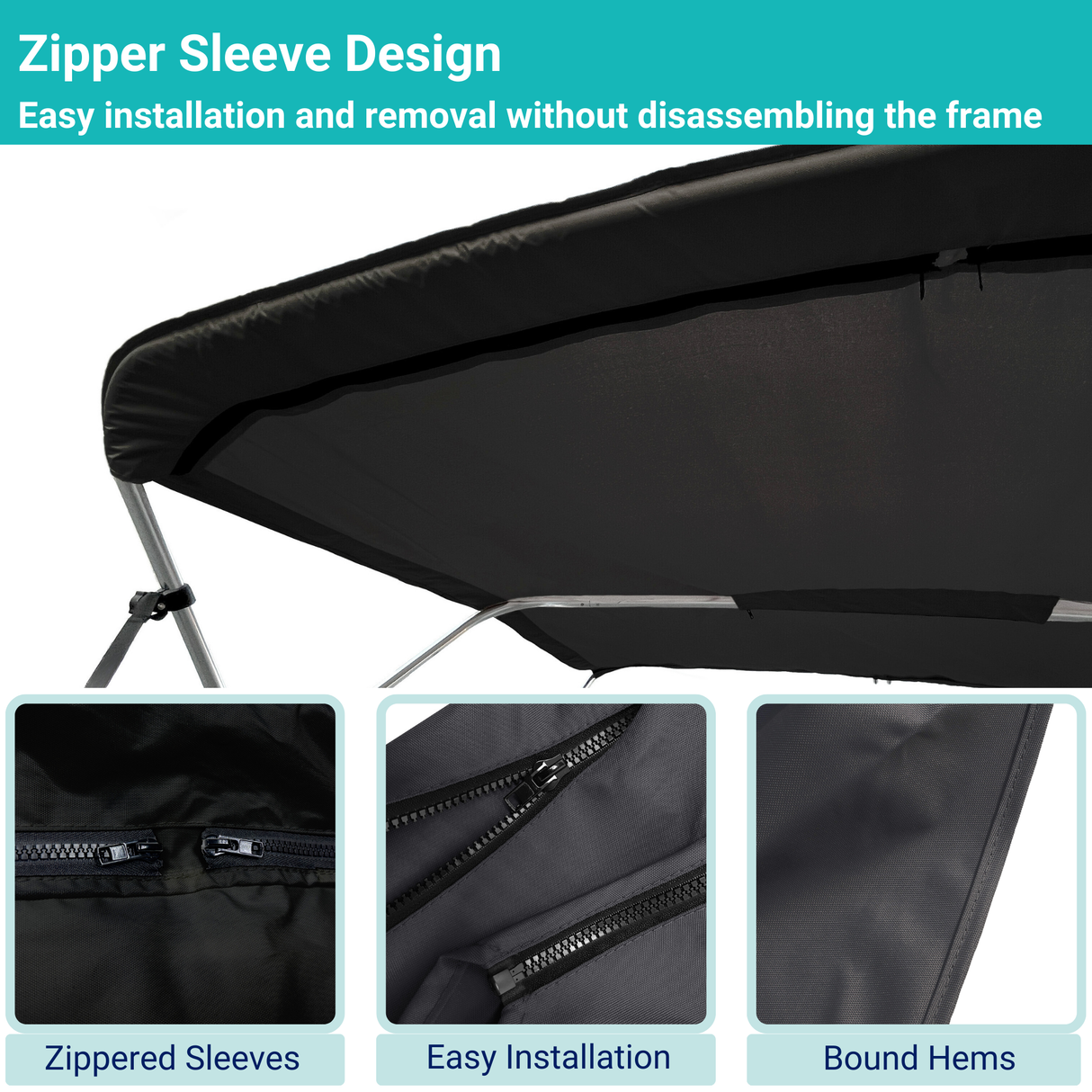 Black replacement canvas with durable marine polyester canvas, featuring bound hems and zipper sleeves for easy setup.