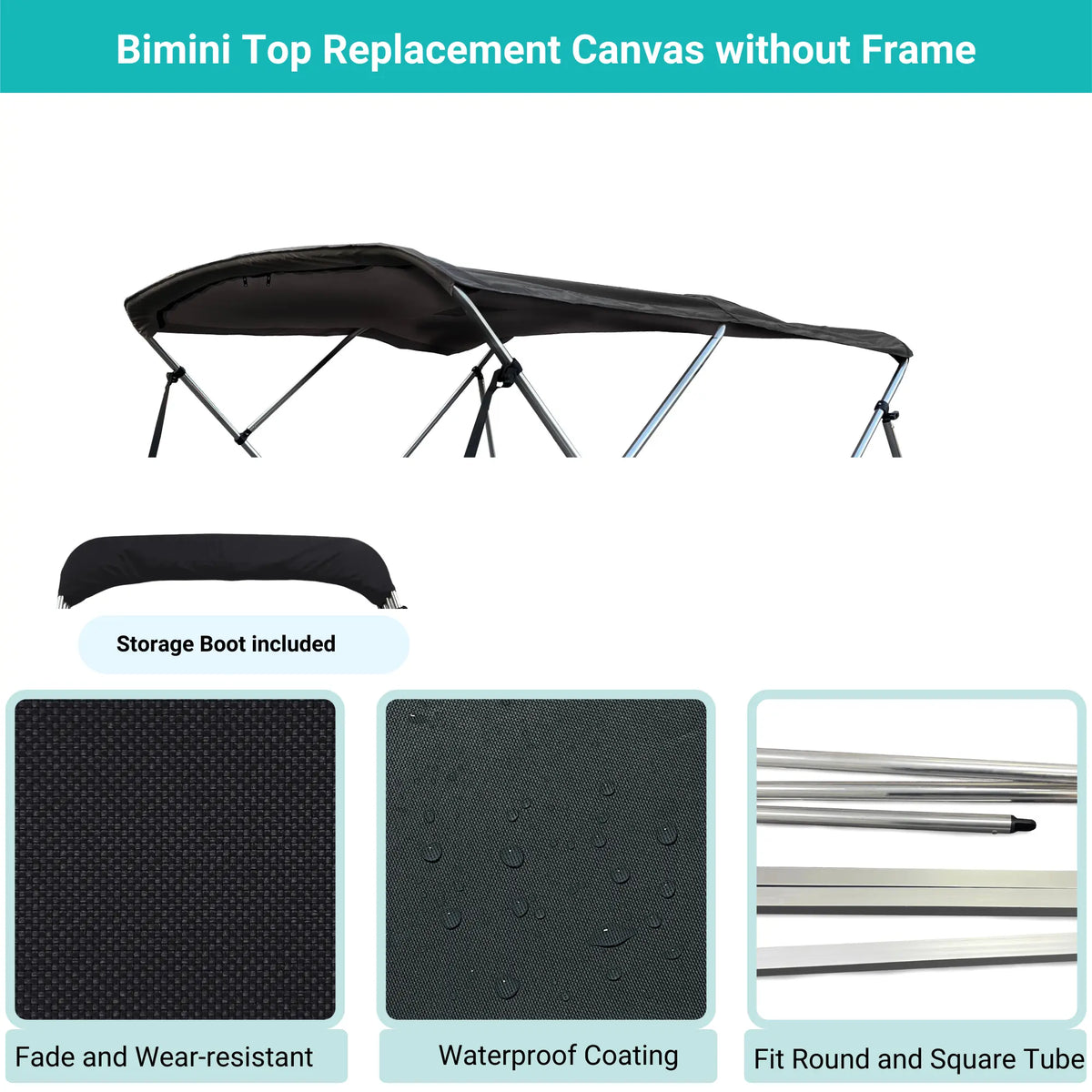Black Bimini top replacement canvas include storage boot, featuring fade and wear-resistant material.