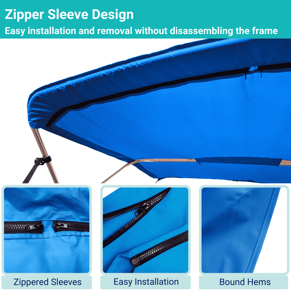Blue replacement canvas with durable marine polyester canvas, featuring bound hems and zipper sleeves for easy setup.