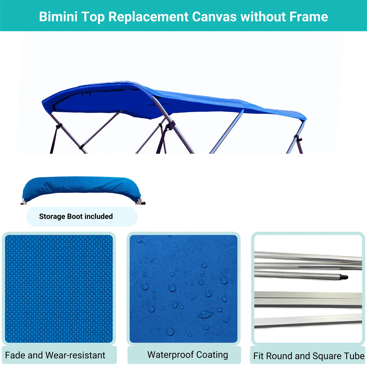 Blue Bimini top replacement canvas include storage boot, featuring fade and wear-resistant material.