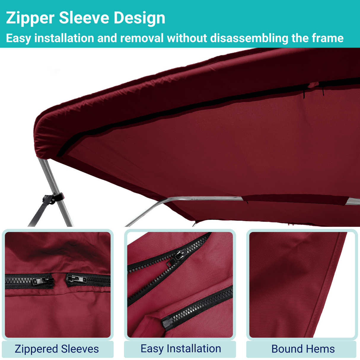 Burgundy replacement canvas with durable marine polyester canvas, featuring bound hems and zipper sleeves for easy setup.