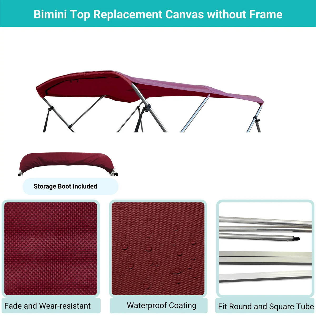 Burgundy Bimini top replacement canvas include storage boot, featuring fade and wear-resistant material.