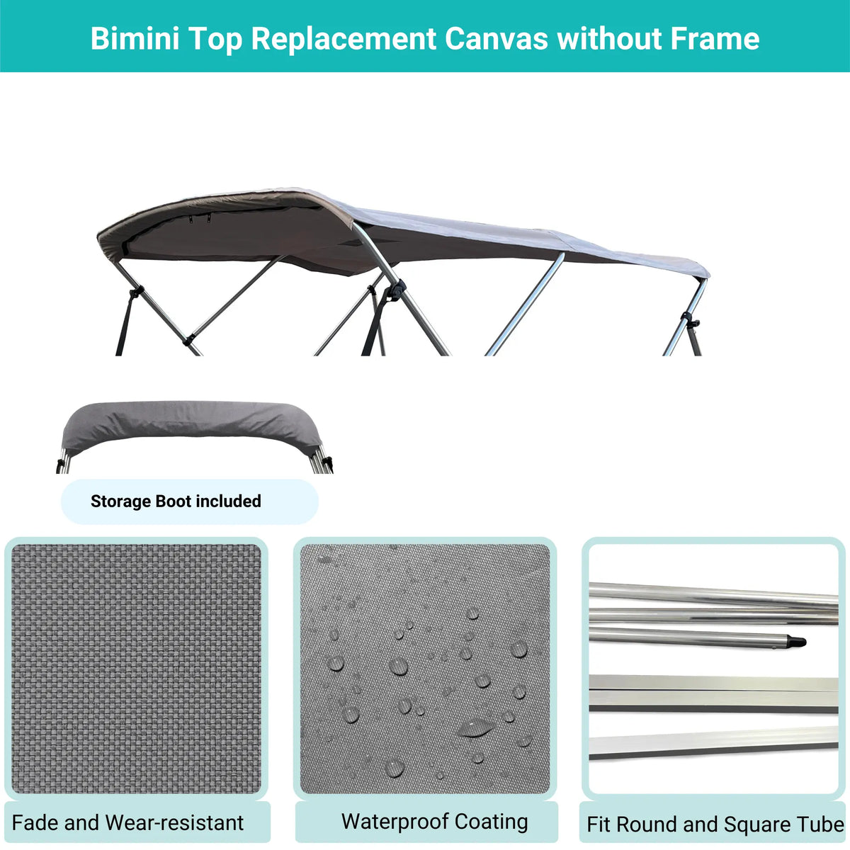 Gray Bimini top replacement canvas include storage boot, featuring fade and wear-resistant material.