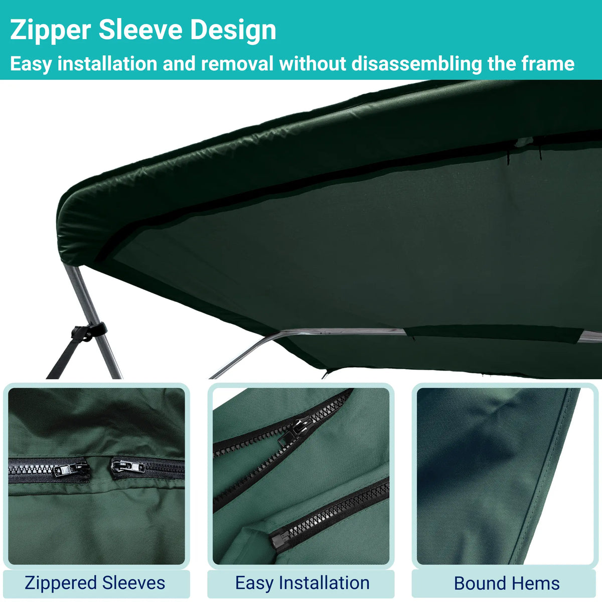 Green replacement canvas with durable marine polyester canvas, featuring bound hems and zipper sleeves for easy setup.