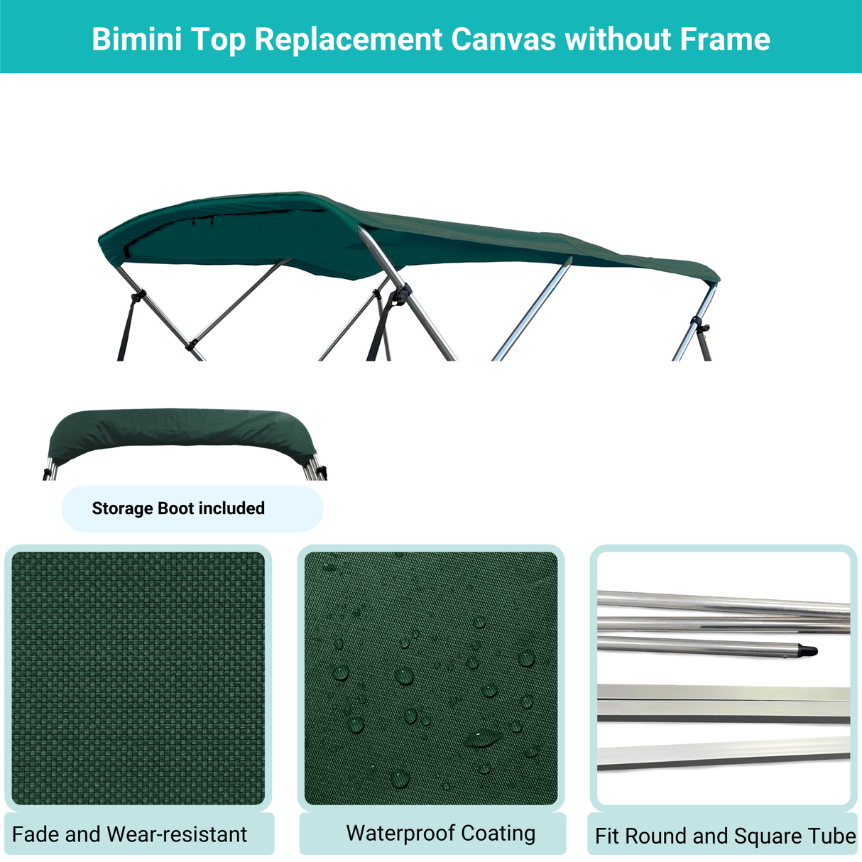 Green Bimini top replacement canvas include storage boot, featuring fade and wear-resistant material.