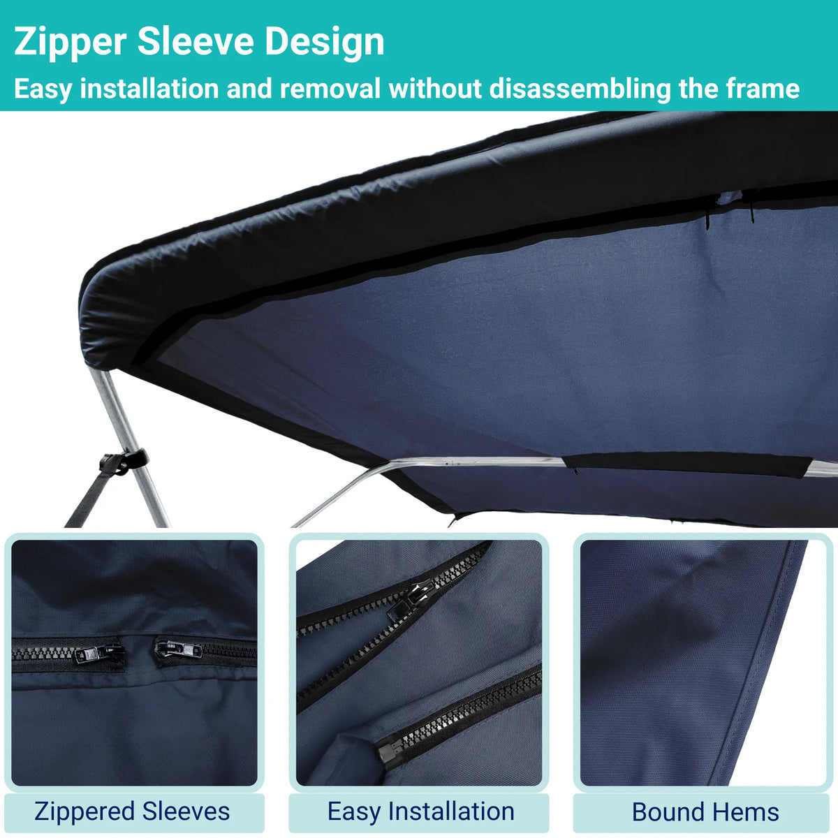 Navy replacement canvas with durable marine polyester canvas, featuring bound hems and zipper sleeves for easy setup.