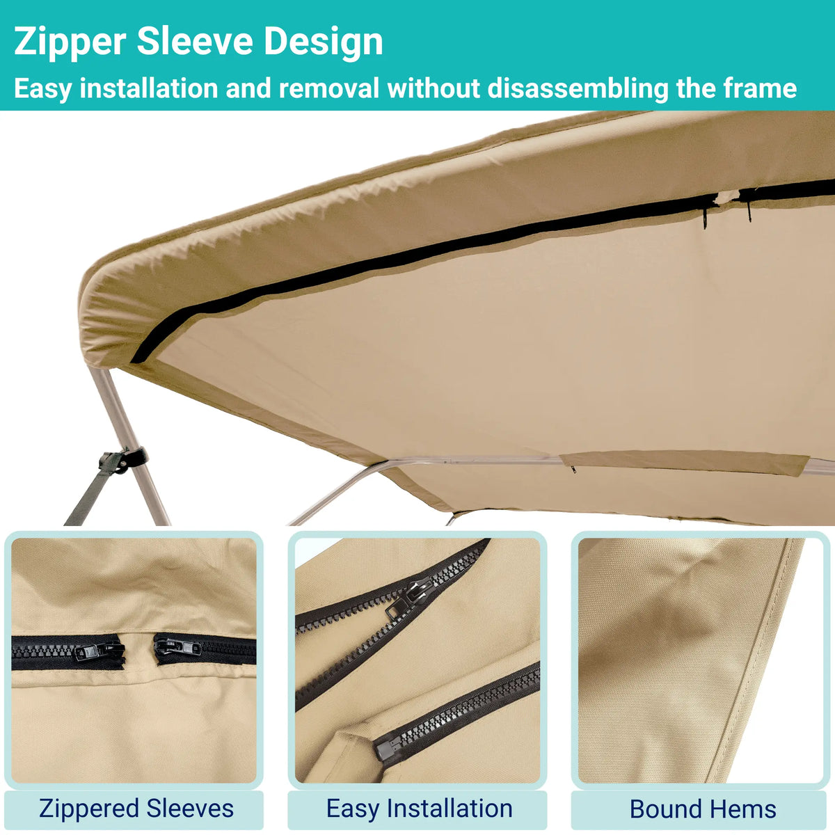 Beige replacement canvas with durable marine polyester canvas, featuring bound hems and zipper sleeves for easy setup.