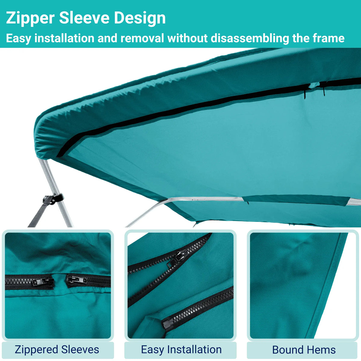 Teal replacement canvas with durable marine polyester canvas, featuring bound hems and zipper sleeves for easy setup.