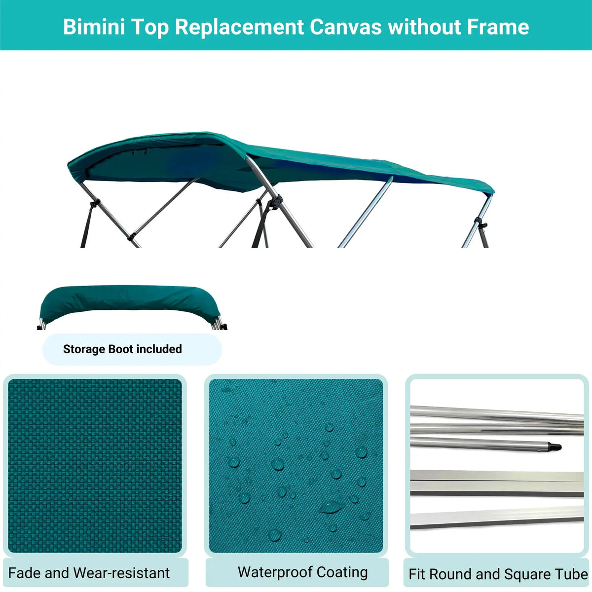 Teal Bimini top replacement canvas include storage boot, featuring fade and wear-resistant material.