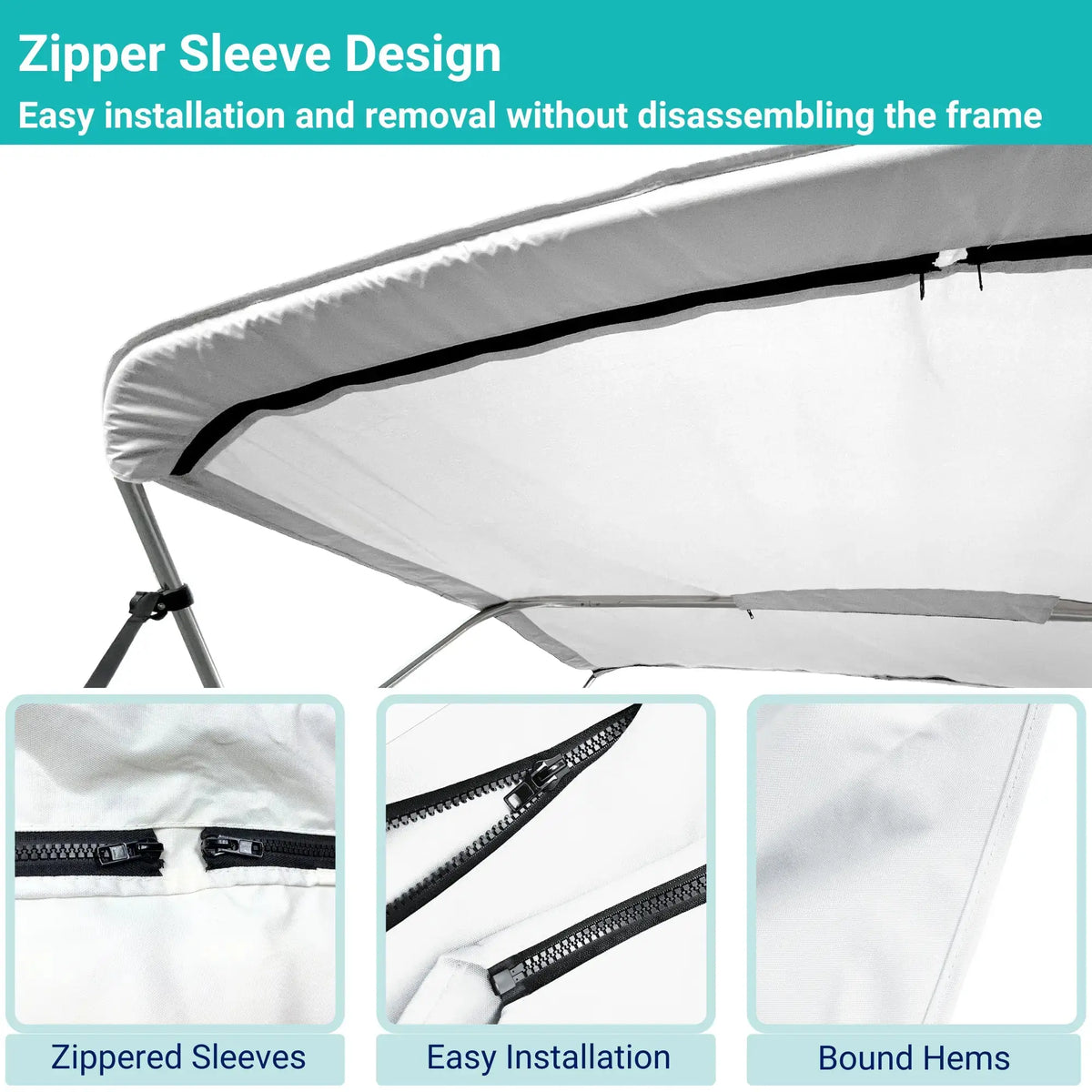 White replacement canvas with durable marine polyester canvas, featuring bound hems and zipper sleeves for easy setup.