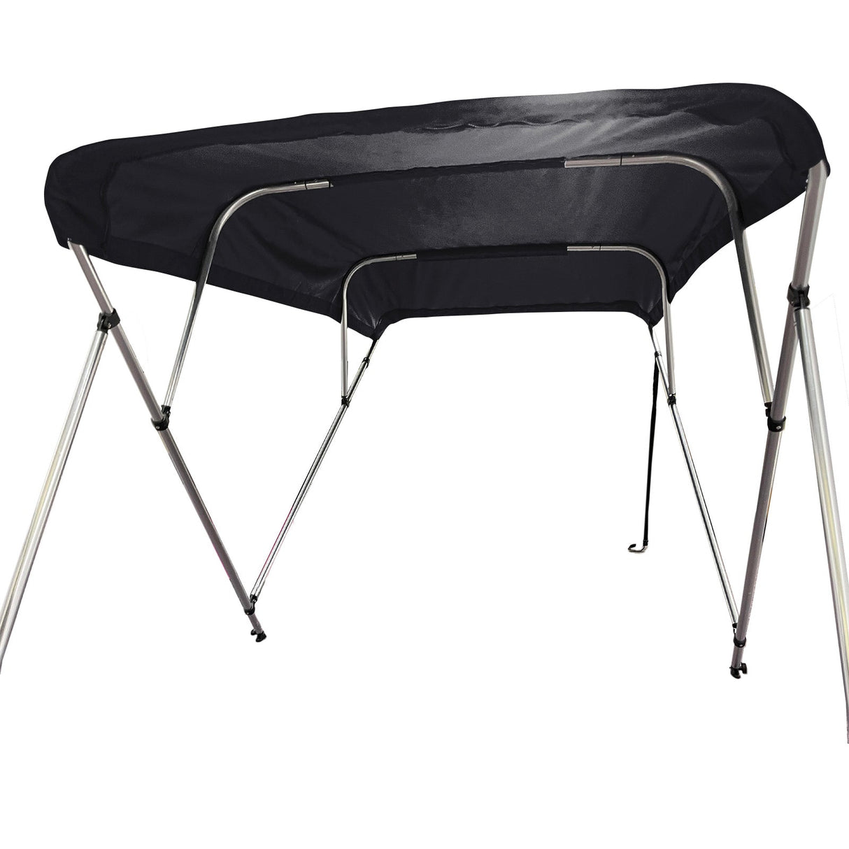 Fully extended 4-bow bimini top for boats. Black canvas on a round tube aluminum frame with rear support poles and front straps.