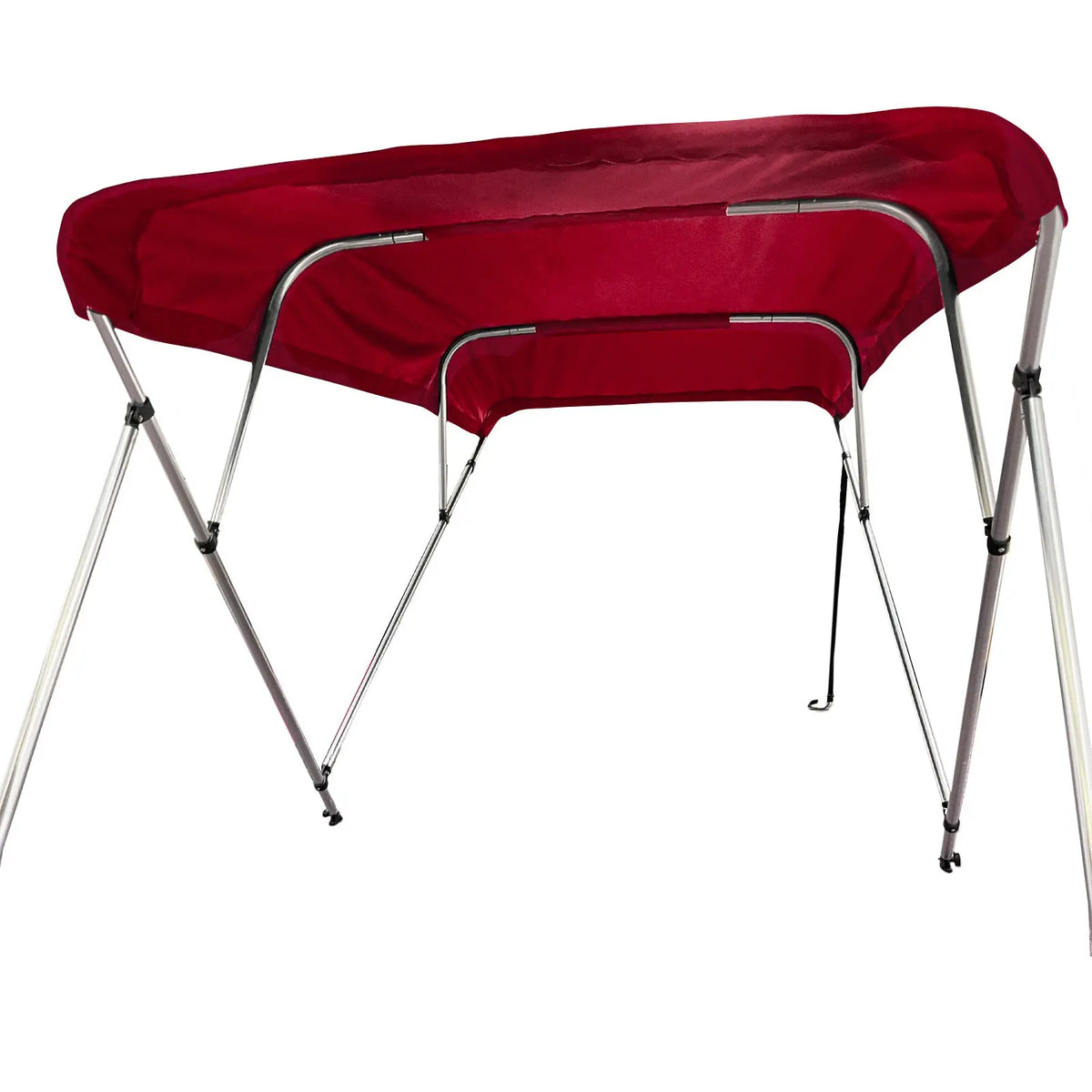 Fully extended 4-bow bimini top for boats. Burgundy canvas on a round tube aluminum frame with rear support poles and front straps.