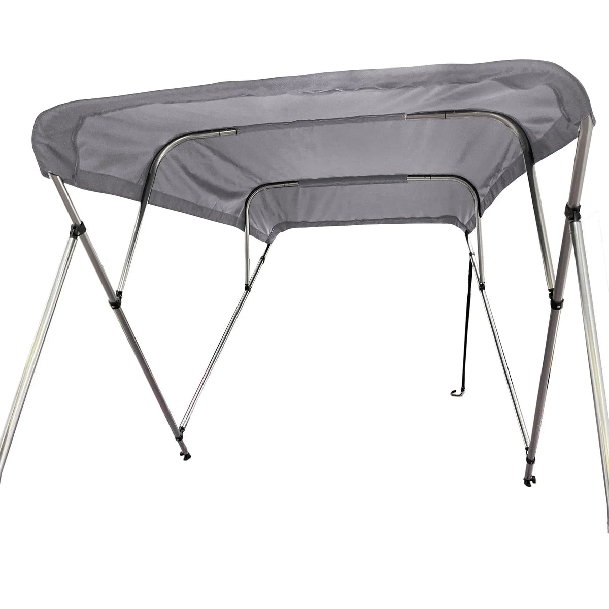 Fully extended 4-bow bimini top for boats. Gray canvas on a round tube aluminum frame with rear support poles and front straps.