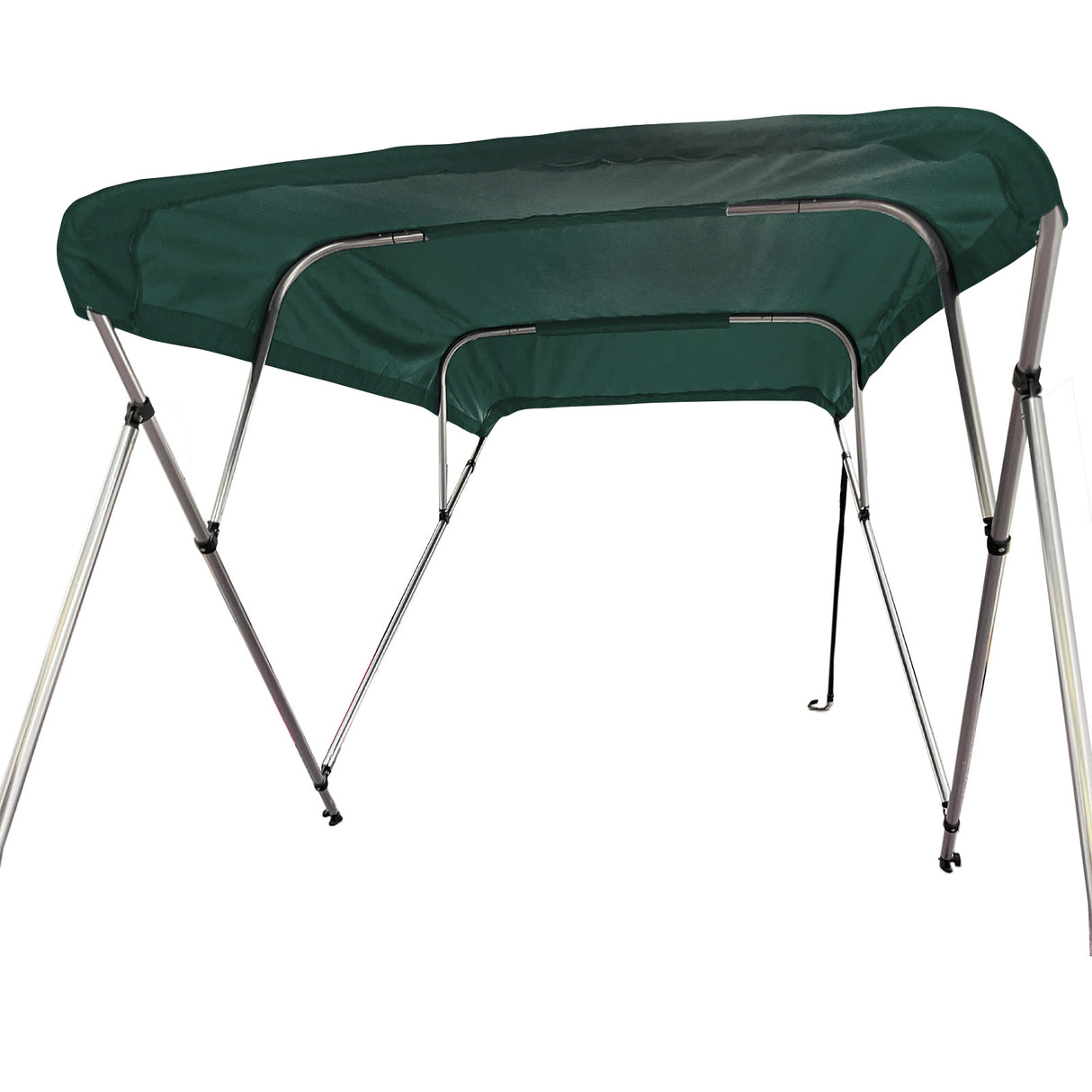 Fully extended 4-bow bimini top for boats. Green canvas on a round tube aluminum frame with rear support poles and front straps.