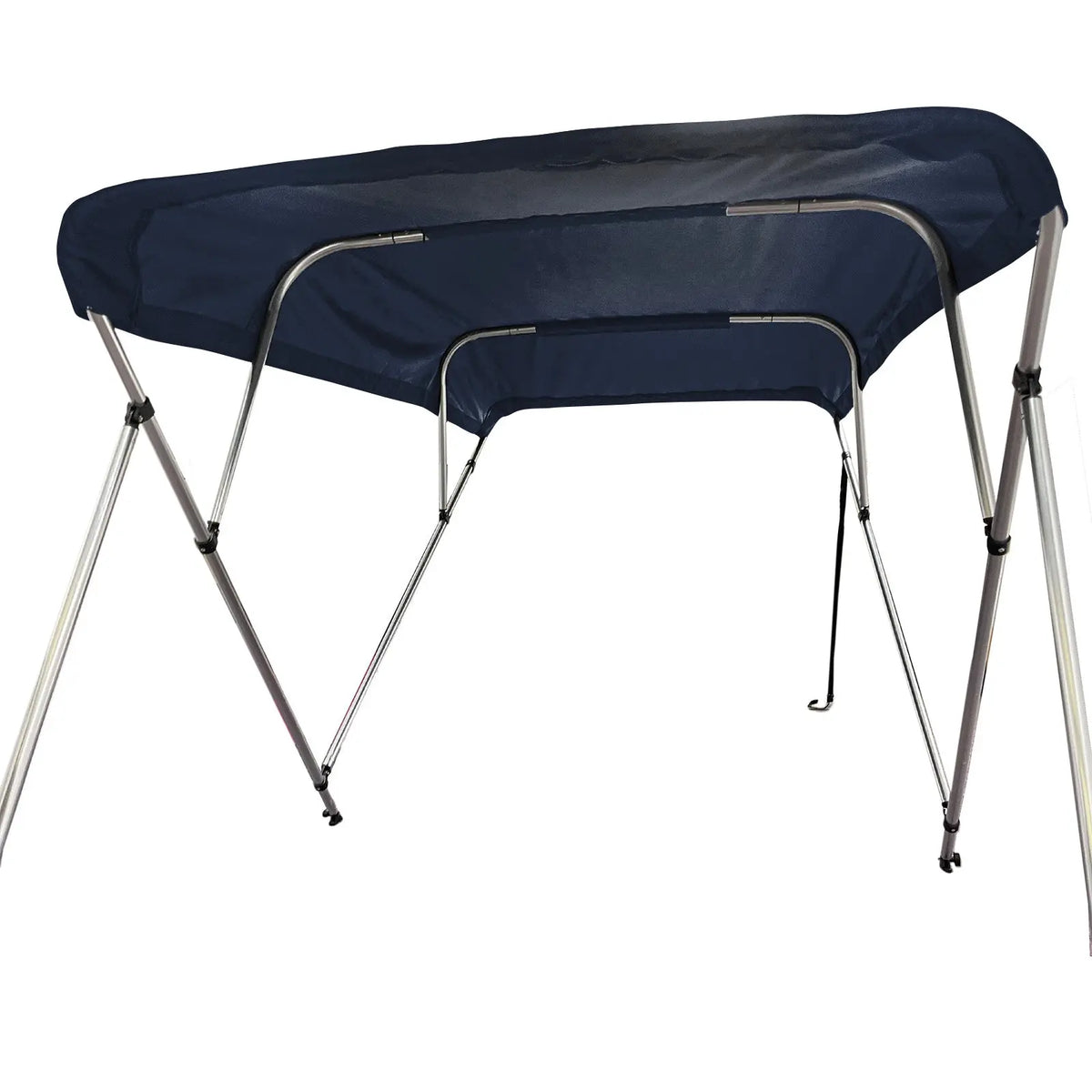 Fully extended 4-bow bimini top for boats. Navy canvas on a round tube aluminum frame with rear support poles and front straps.