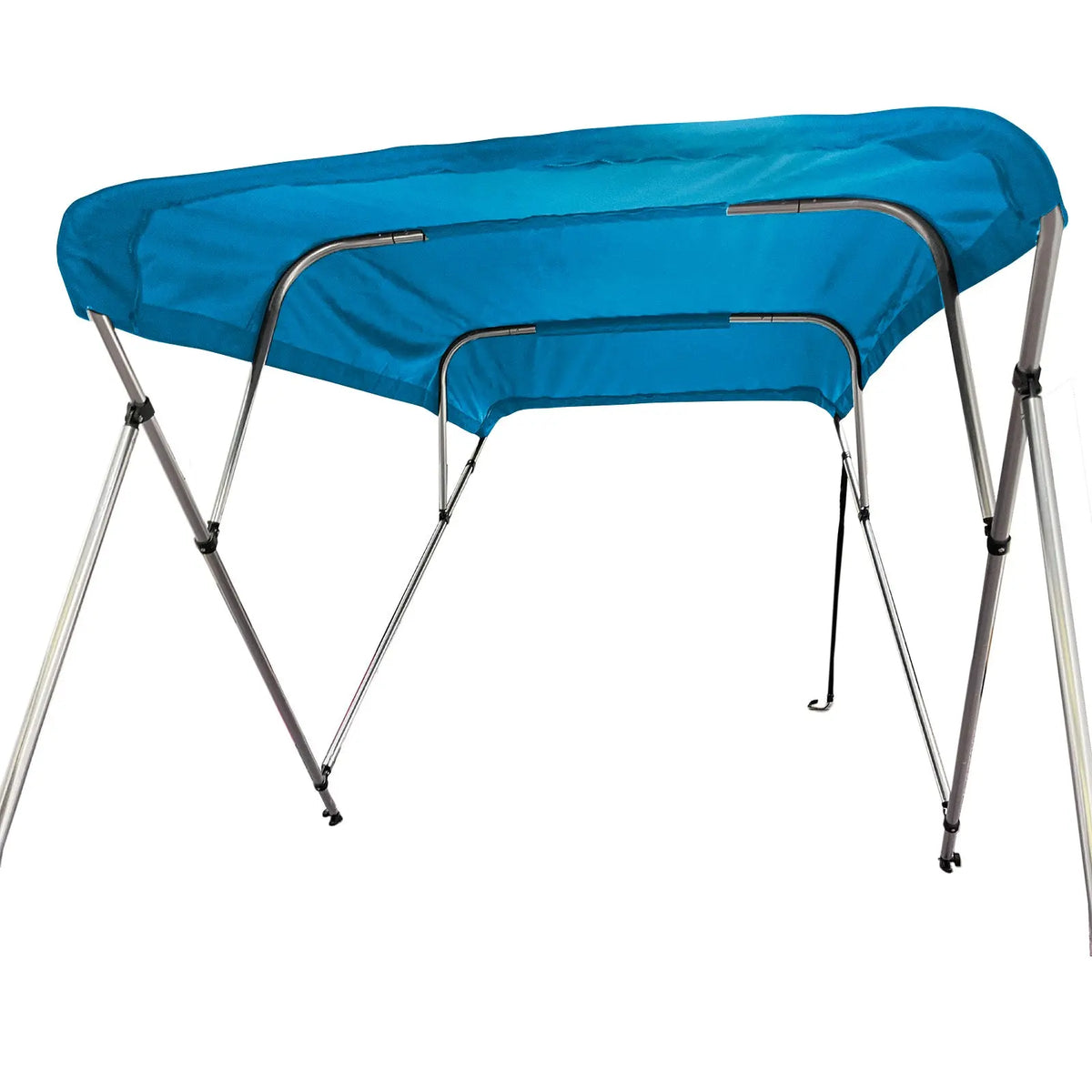 Fully extended 4-bow bimini top for boats. Blue canvas on a round tube aluminum frame with rear support poles and front straps.