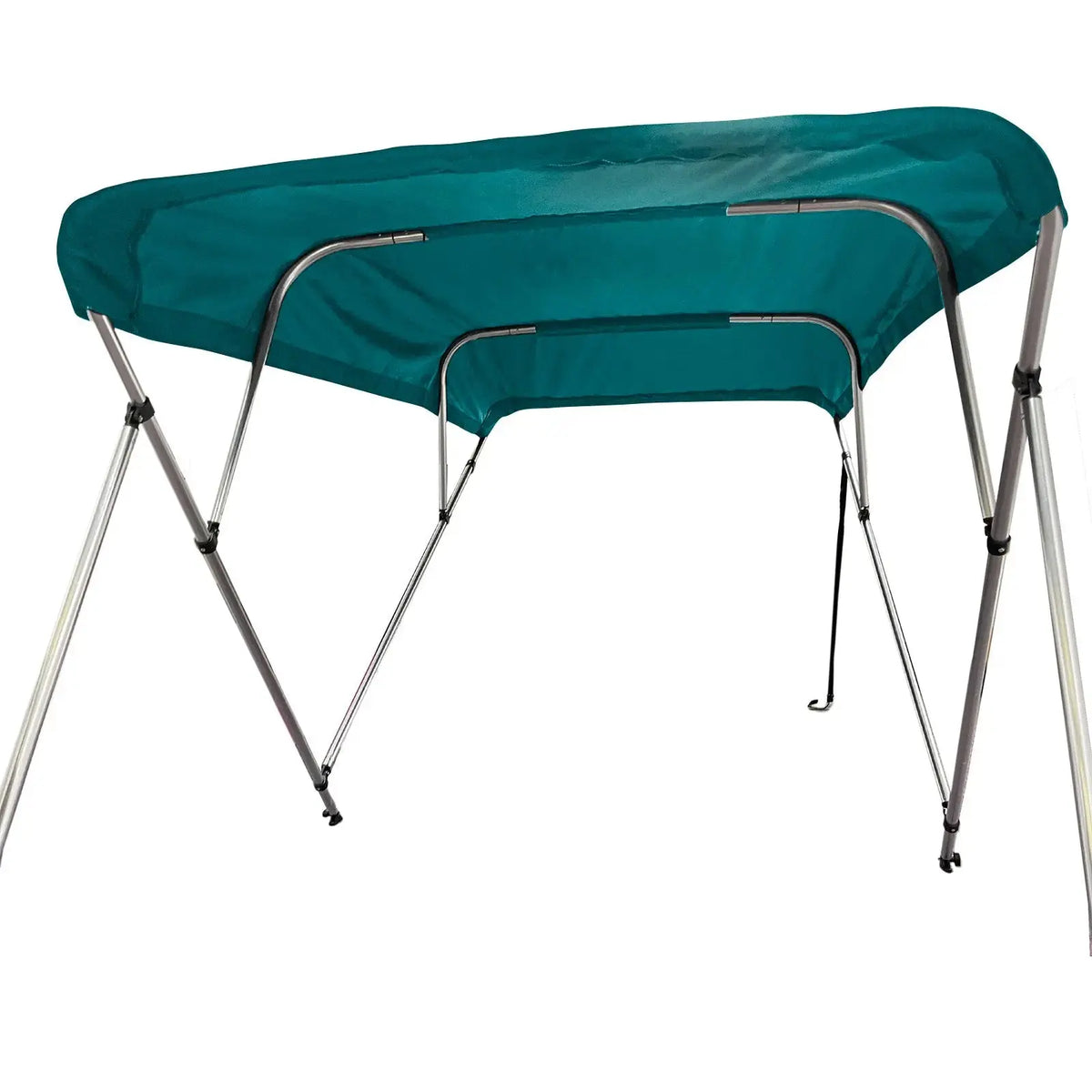 Fully extended 4-bow bimini top for boats. Teal canvas on a round tube aluminum frame with rear support poles and front straps.
