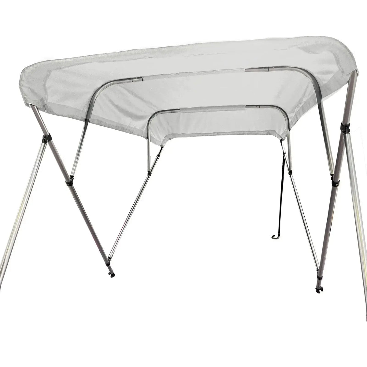 Fully extended 4-bow bimini top for boats. White canvas on a round tube aluminum frame with rear support poles and front straps.