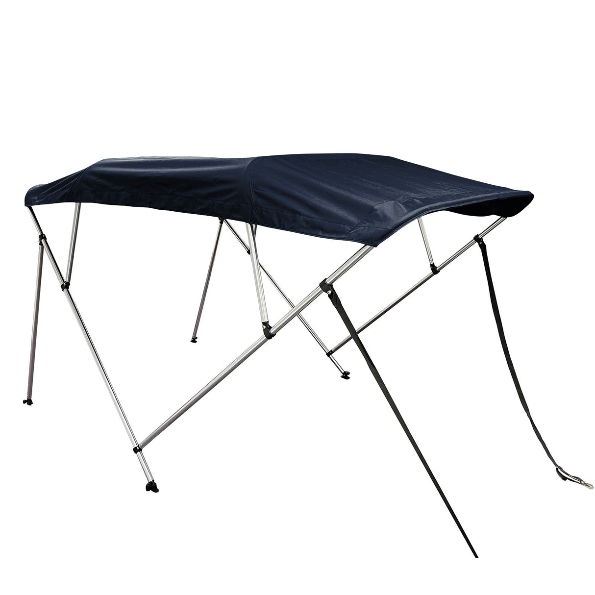 Navy 4-bow boat Bimini top with round aluminum frame, marine-grade polyester canvas, boot, rear poles & front straps.