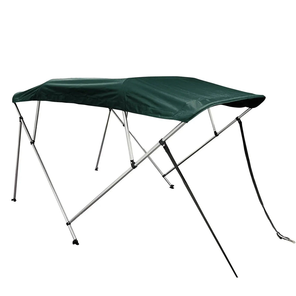Green 4-bow boat Bimini top with round aluminum frame, marine-grade polyester canvas, boot, rear poles & front straps.