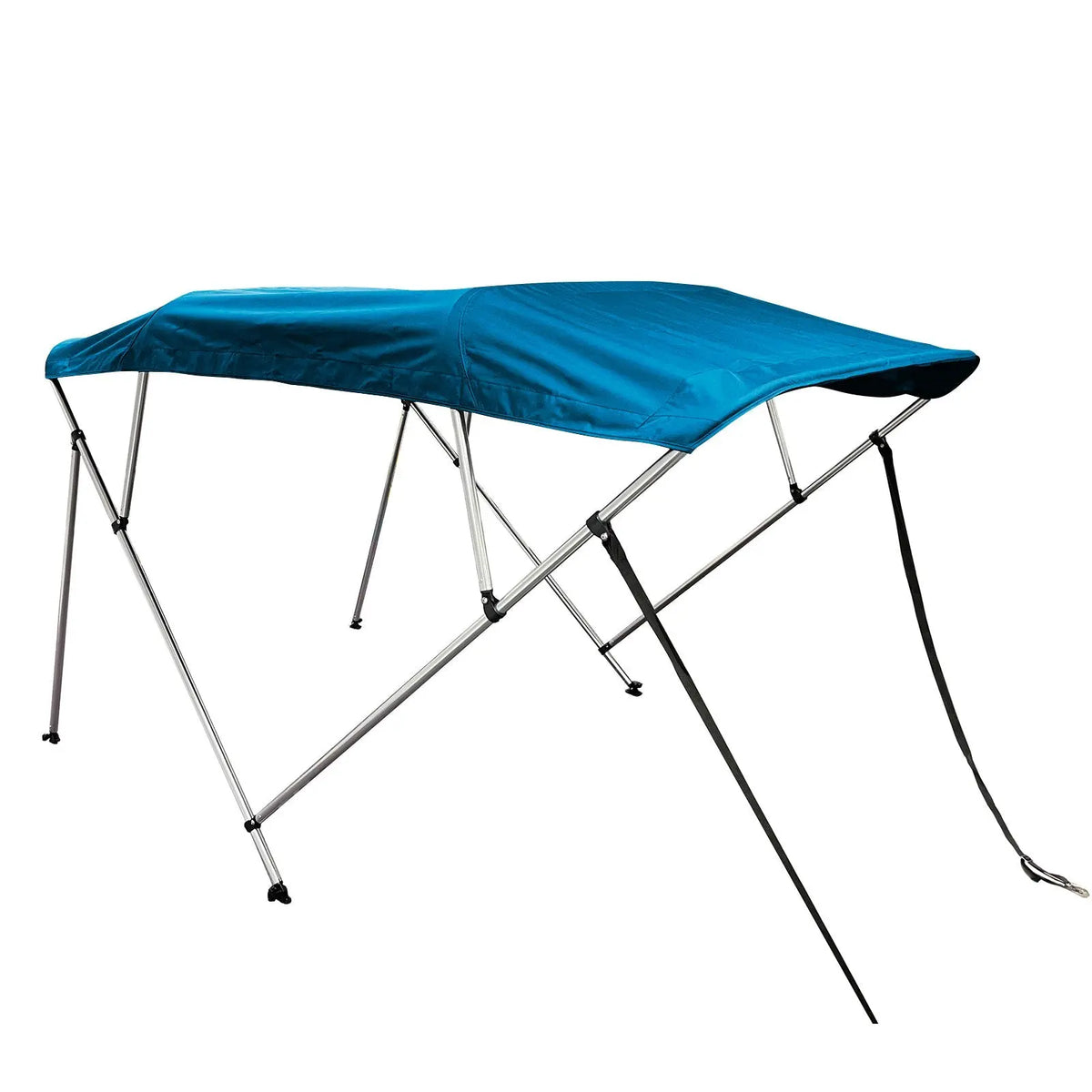 Blue 4-bow boat Bimini top with round aluminum frame, marine-grade polyester canvas, boot, rear poles & front straps.