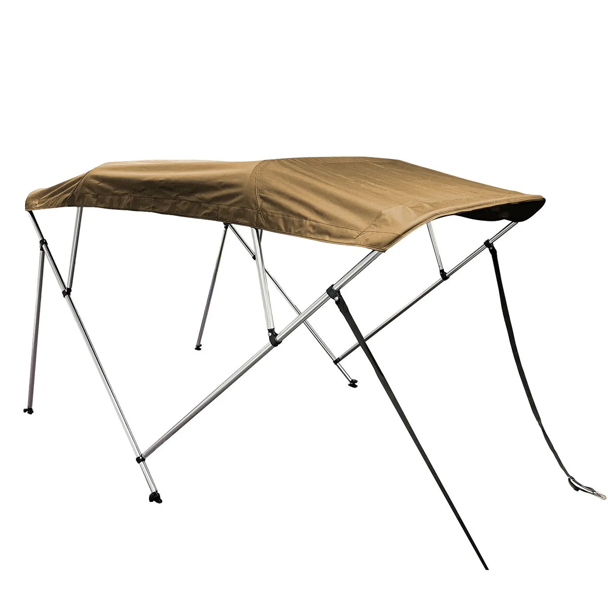 Beige 4-bow boat Bimini top with round aluminum frame, marine-grade polyester canvas, boot, rear poles & front straps.