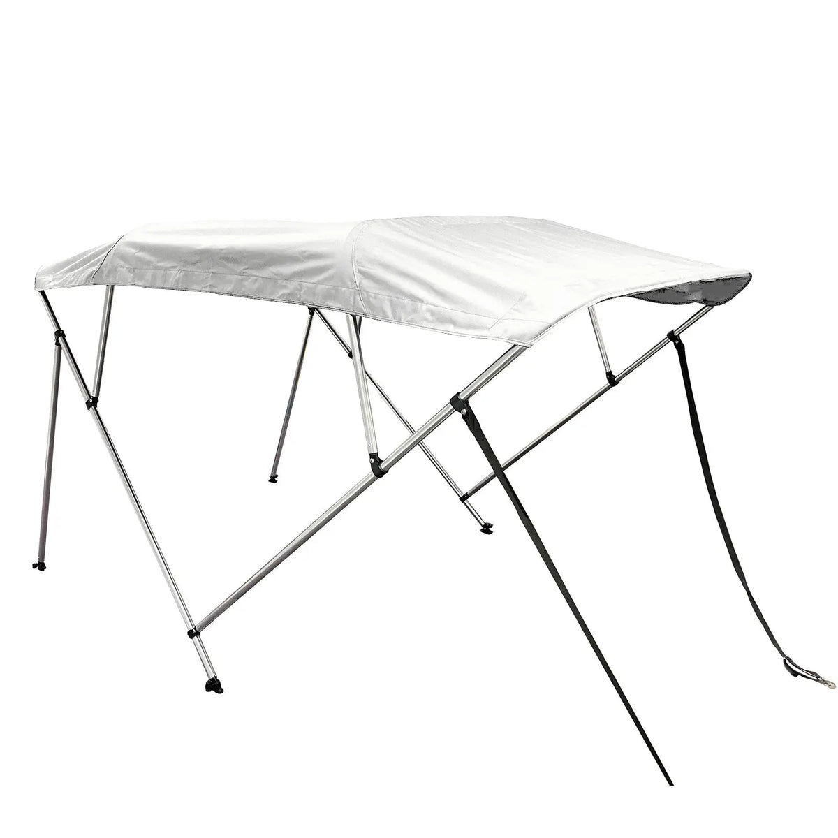 White 4-bow boat Bimini top with round aluminum frame, marine-grade polyester canvas, boot, rear poles & front straps.