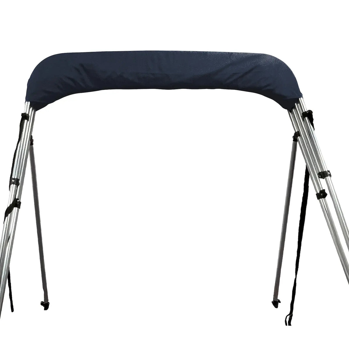 Folded 4-bow bimini top for boats, stored in a navy protective boot, with round aluminum frame, rear poles, and front tie-down straps.
