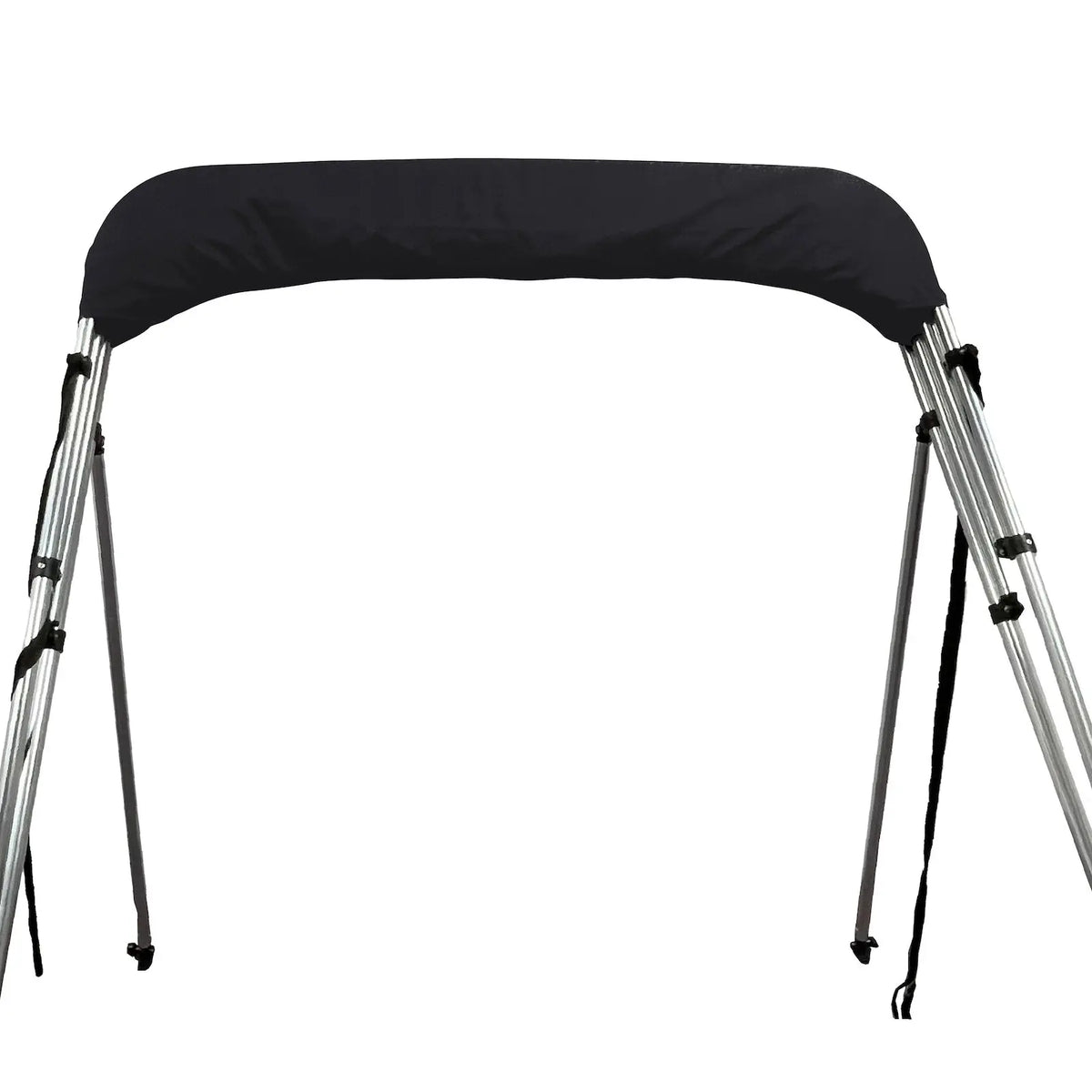 Folded 4-bow bimini top for boats, stored in a black protective boot, with round aluminum frame, rear poles, and front tie-down straps.