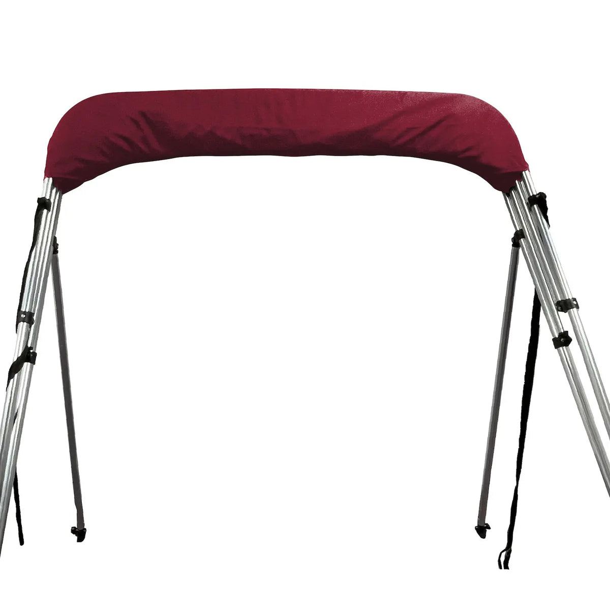 Folded 4-bow bimini top for boats, stored in a burgundy protective boot, with round aluminum frame, rear poles, and front tie-down straps.