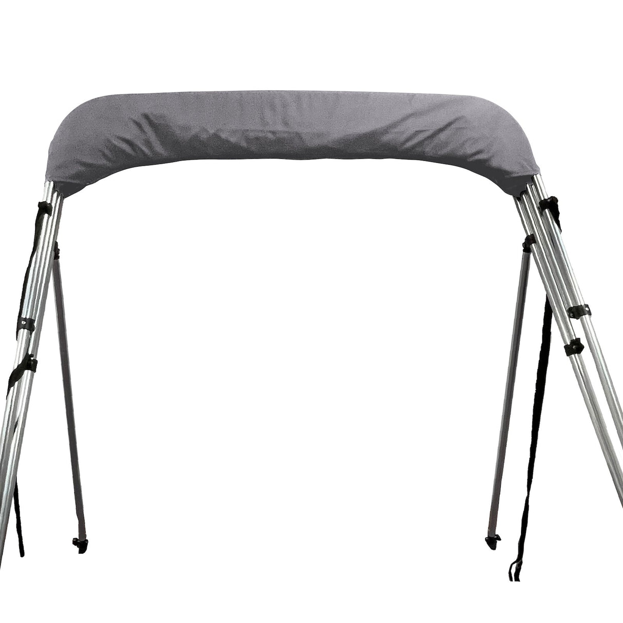 Folded 4-bow bimini top for boats, stored in a gray protective boot, with round aluminum frame, rear poles, and front tie-down straps.