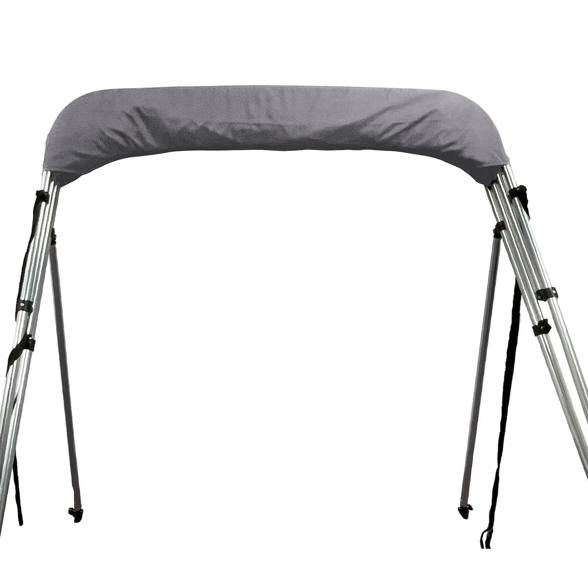 Folded 4-bow bimini top for boats, stored in a gray protective boot, with round aluminum frame, rear poles, and front tie-down straps.
