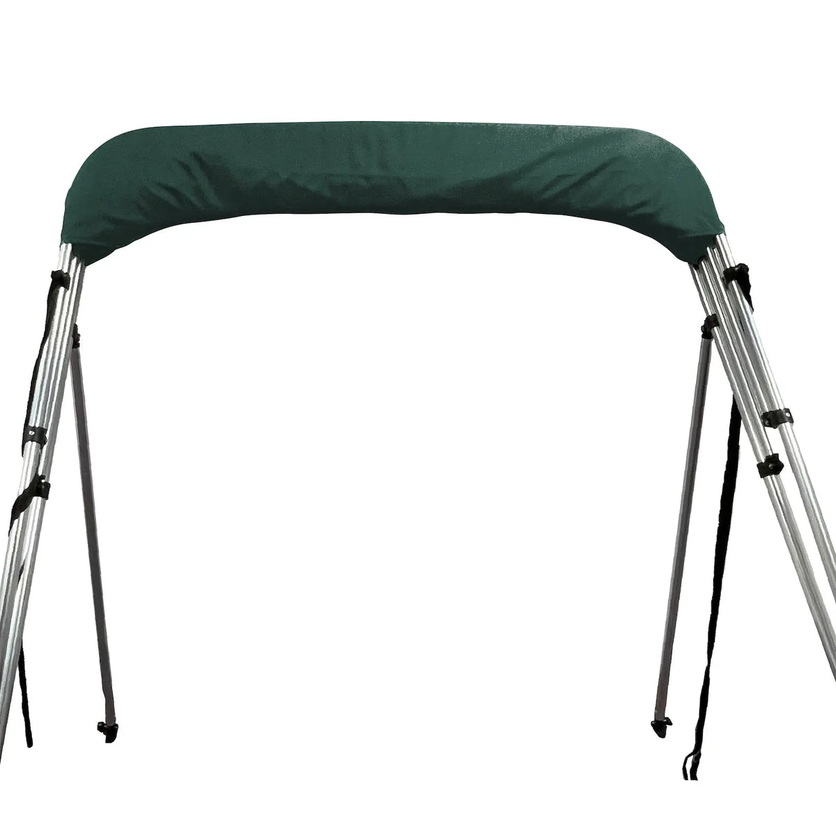 Folded 4-bow bimini top for boats, stored in a green protective boot, with round aluminum frame, rear poles, and front tie-down straps.