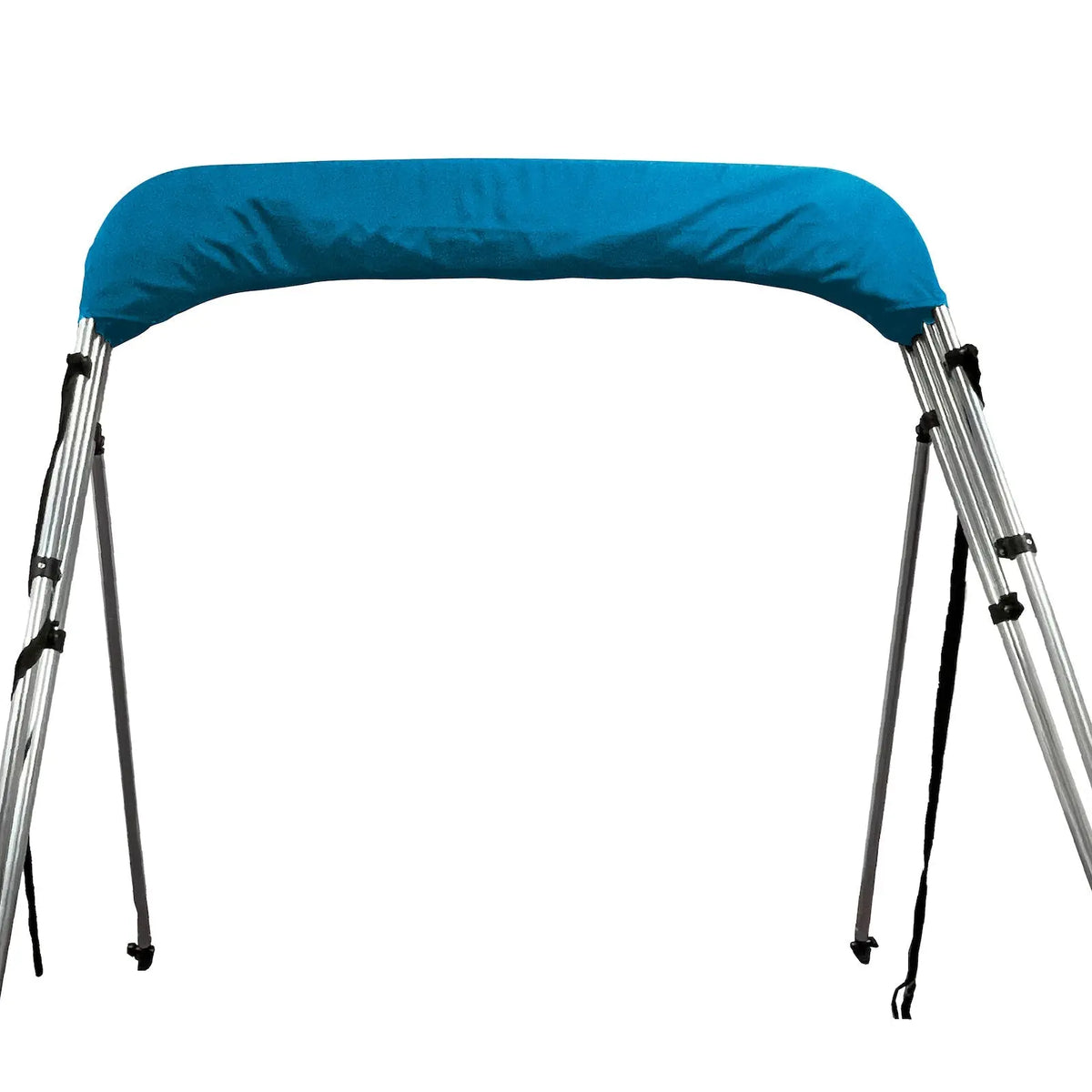 Folded 4-bow bimini top for boats, stored in a blue protective boot, with round aluminum frame, rear poles, and front tie-down straps.