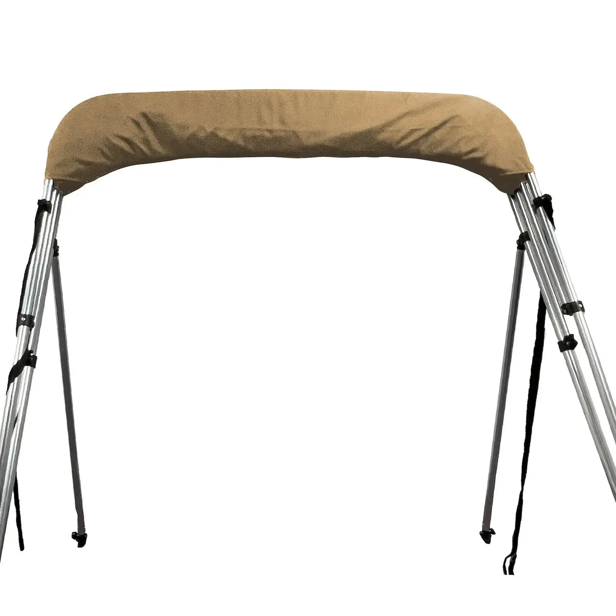 Folded 4-bow bimini top for boats, stored in a beige protective boot, with round aluminum frame, rear poles, and front tie-down straps.