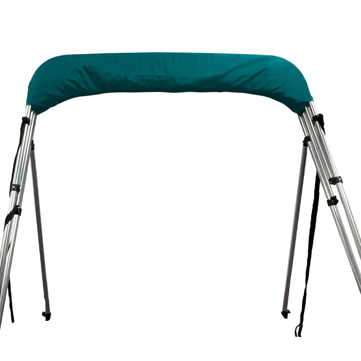 Folded 4-bow bimini top for boats, stored in a teal protective boot, with round aluminum frame, rear poles, and front tie-down straps.