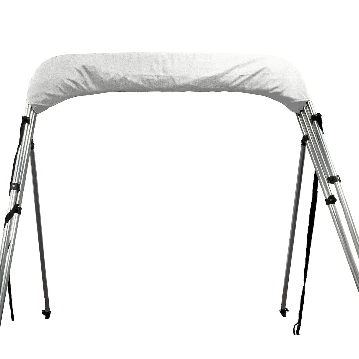 Folded 4-bow bimini top for boats, stored in a white protective boot, with round aluminum frame, rear poles, and front tie-down straps.