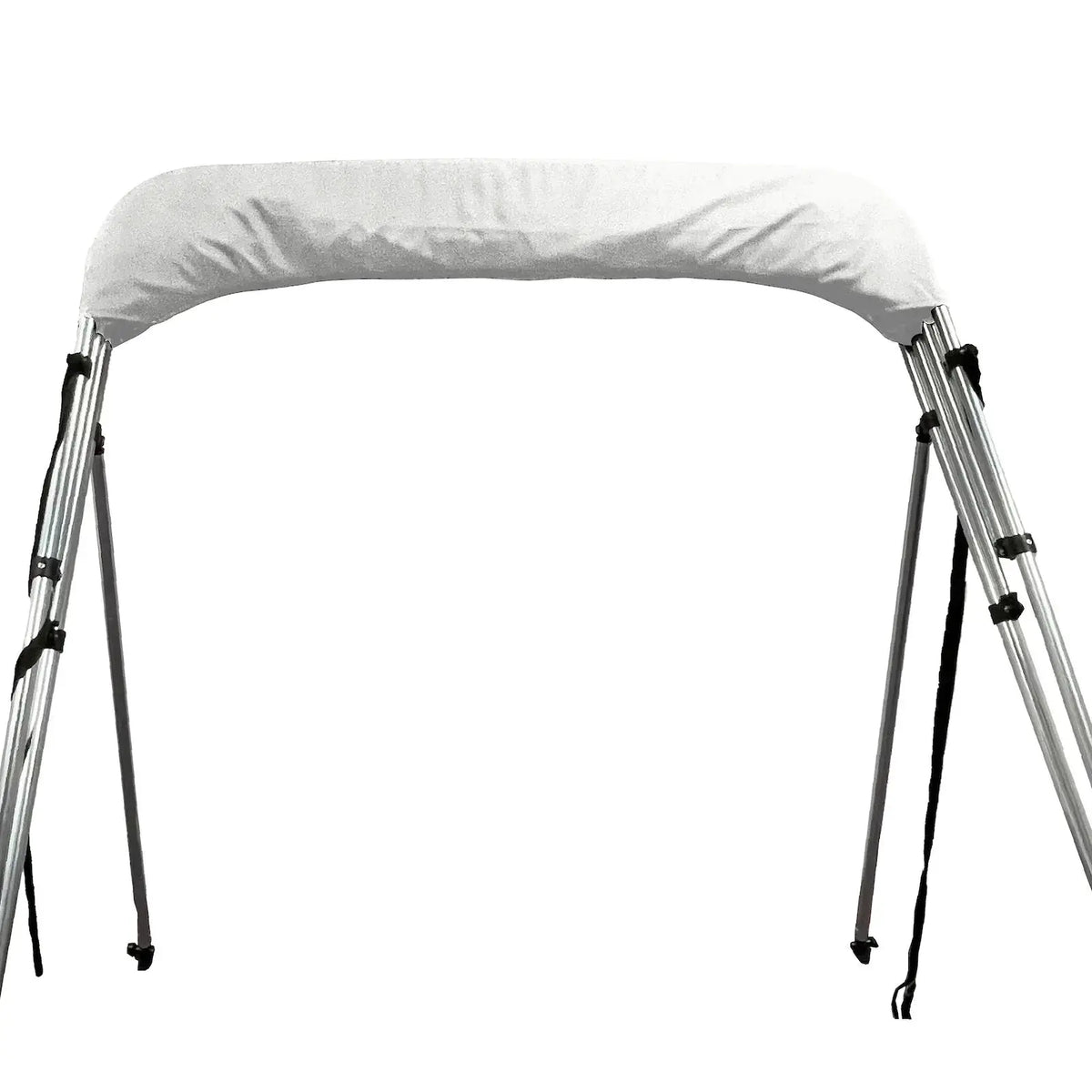 Folded 4-bow bimini top for boats, stored in a white protective boot, with round aluminum frame, rear poles, and front tie-down straps.