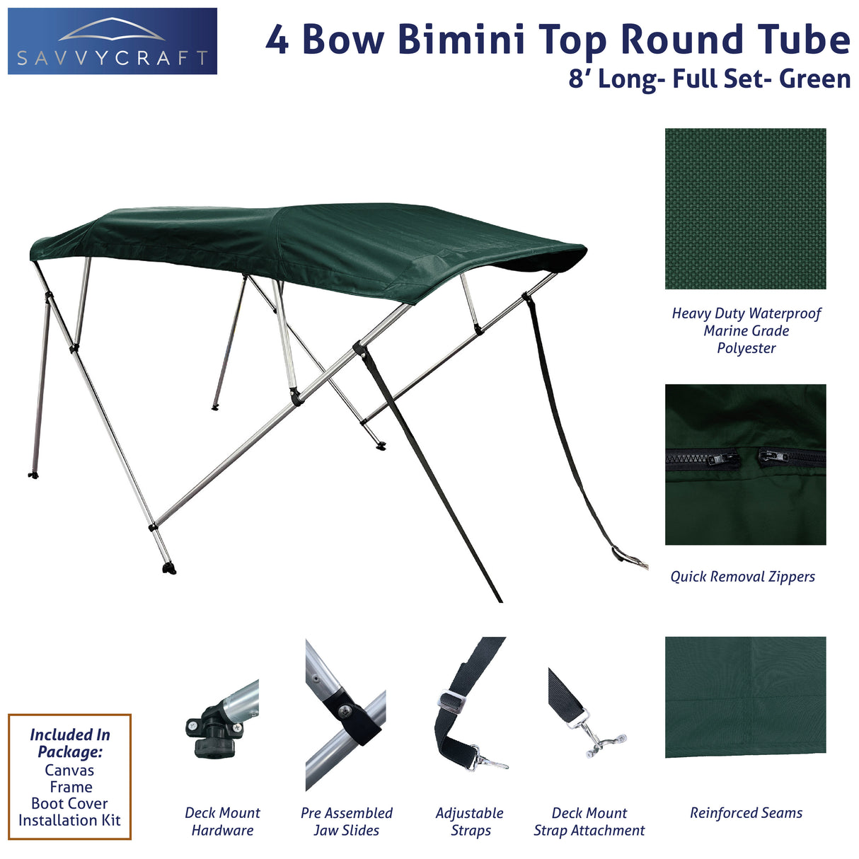 Green 8ft long 4-Bow Bimini Top set with round frame, marine-grade polyester canvas, boot, and mounting hardware included.